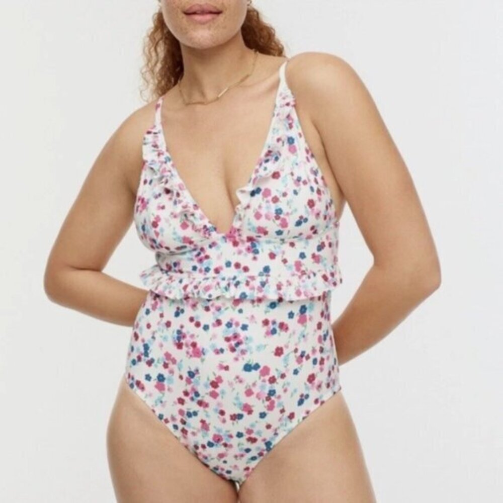 J. Crew Floral Plunging V-Neck One Piece Swimsuit in Ivory/Multicolor Size 12